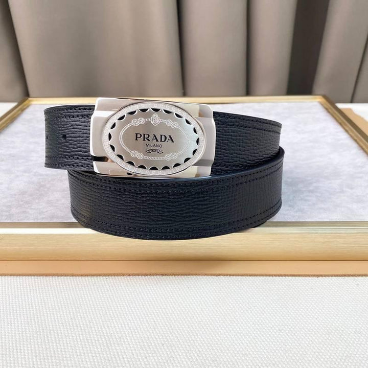 Prada Leather Belt Brushed Silver Buckle 'Black'