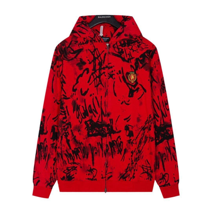 Balenciaga Skater Graffiti Zip Up Hoodie Red