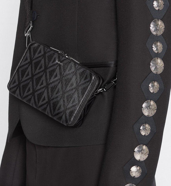 Christian Dior Zipped Pouch with Strap Black Coated Cotton Canvas with CD Diamond Print