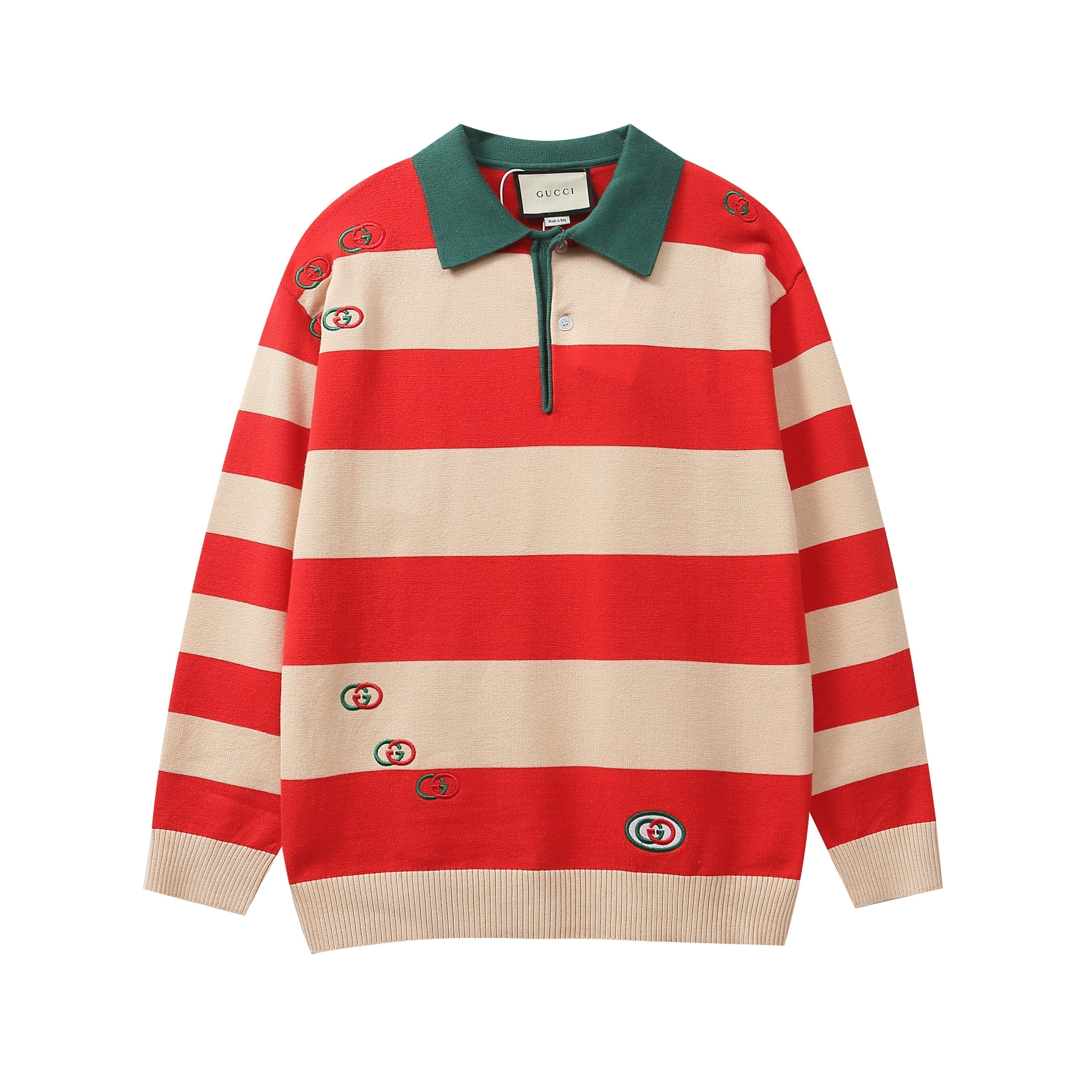 GUCCI Long sleeve polo shirt Interlocking G Knit Cream Red Green mens